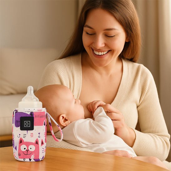 Chauffe biberon portable bébé dans les bras de maman