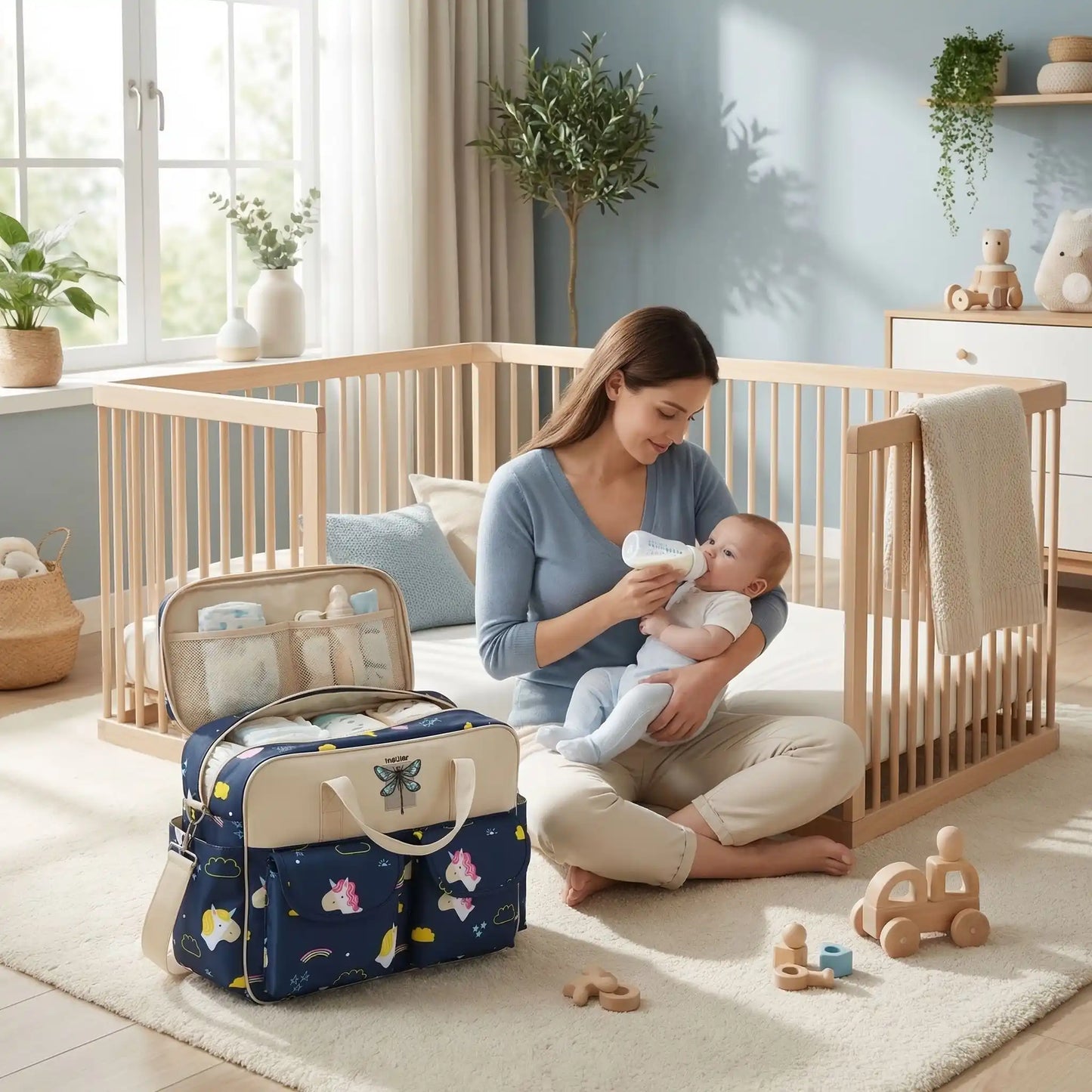 maman-nourrissant-bebe-a-cote-sac-a-langer-bebe