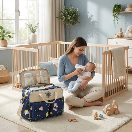 maman-nourrissant-bebe-a-cote-sac-a-langer-bebe