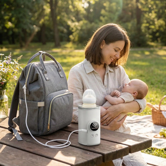 Chauffe biberon branché par le port usb au sac à dos à langer