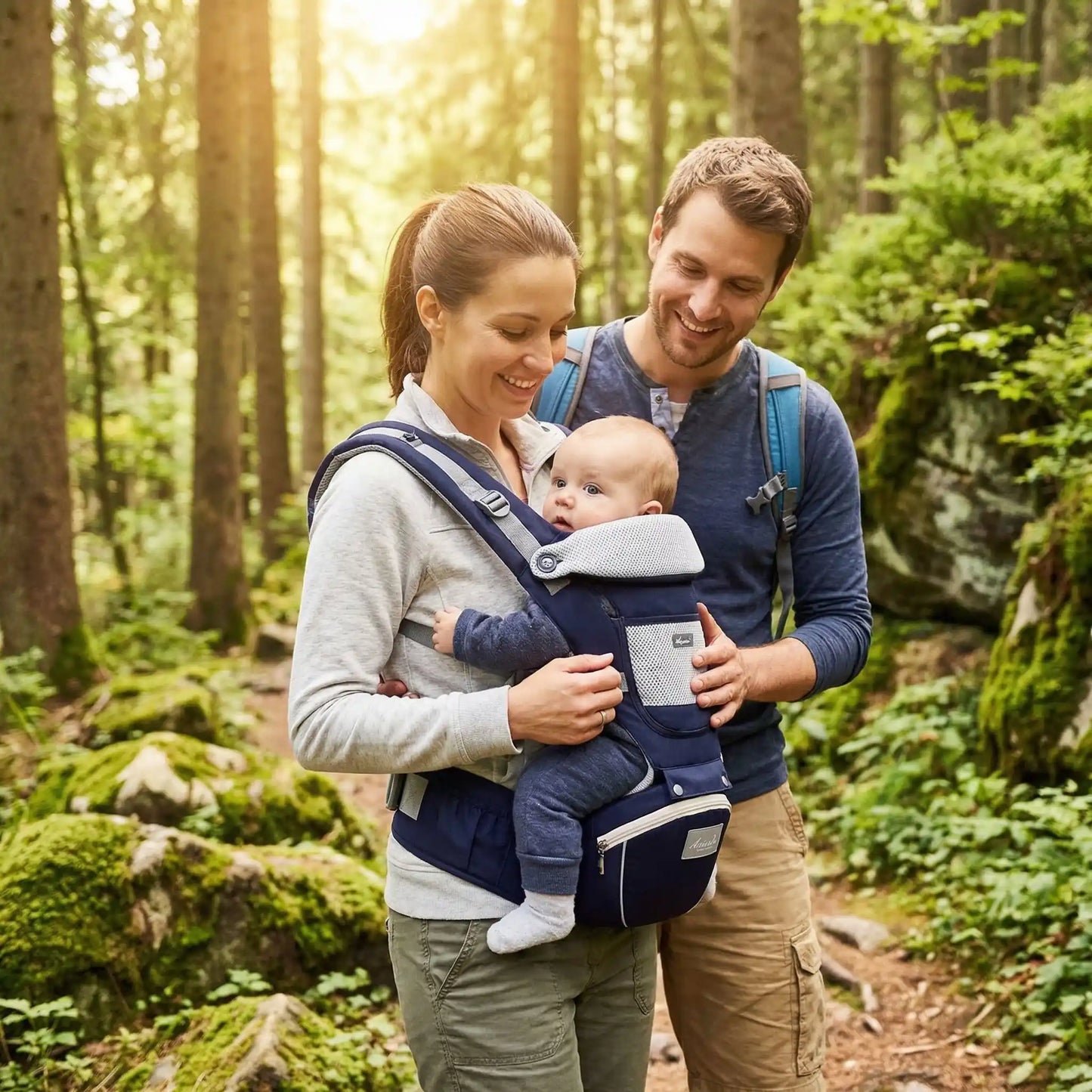 Porte bebe ergonomique randonnée en forêt