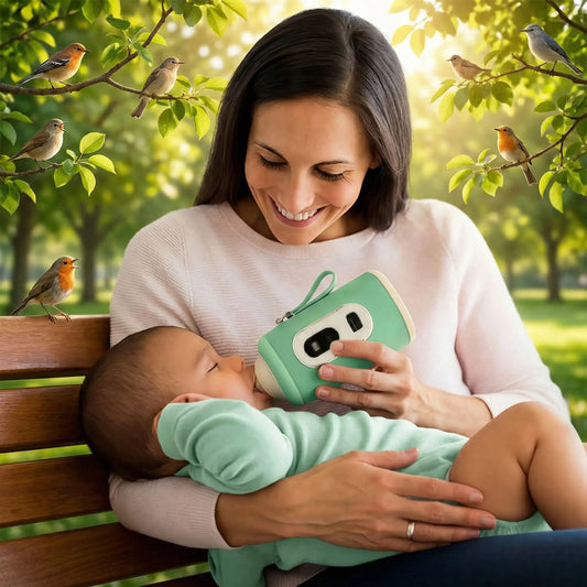 Sortie avec bébé maman donnant le chauffe biberon